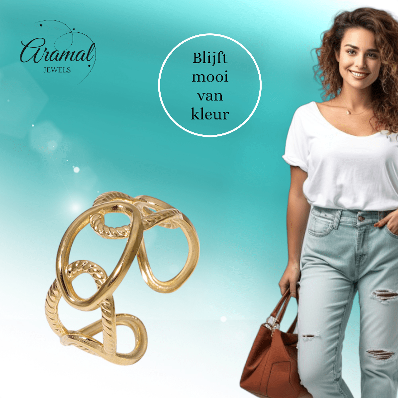 Stalen Schakelring - Verstelbaar - Stainless Steel - 10mm - ring356 - 161834 - Ringen kopen# - Goudkleur - alles - boho