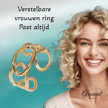 Stalen Schakelring - Verstelbaar - Stainless Steel - 10mm - ring356 - 161834 - Ringen kopen# - Goudkleur - alles - boho