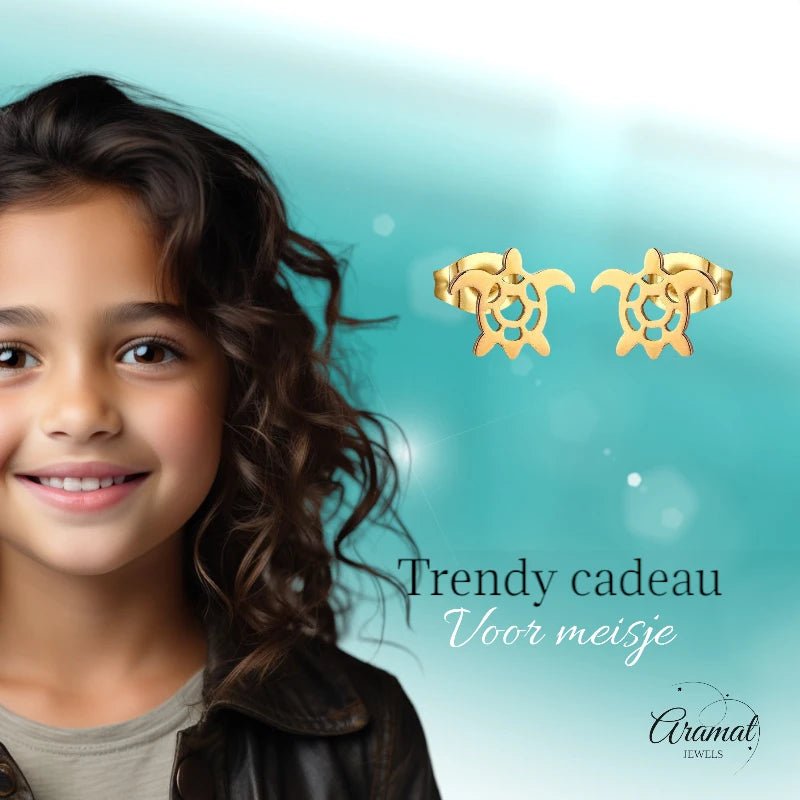 Stalen Schildpad Oorbellen Meisje – Goudkleurig RVS – Dieren Oorstekers – 10x8mm – Oorbellen Kind - oor552 - Oorbellen kopen# - 10mm - alles - cadeau