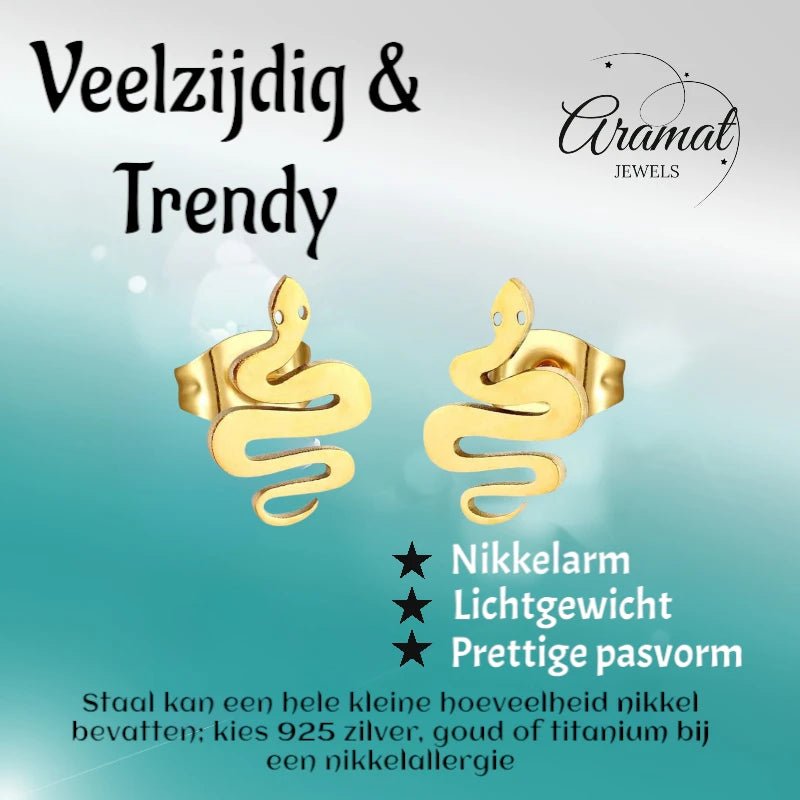 Stalen Slang Oorbellen – Goudkleurig RVS – 12x7mm – Dieren Oorstekers - oor2134 - Oorbellen kopen# - 12mm - alles - cadeau