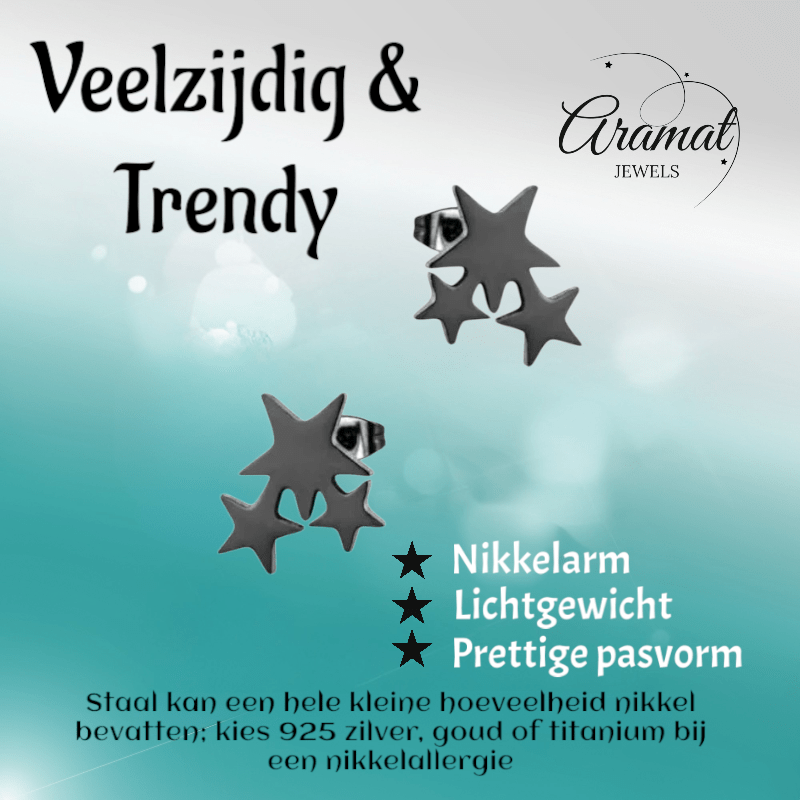 Stalen Sterren Oorbellen - Zwart of Zilverkleurig RVS - oor3197 - Oorbellen kopen