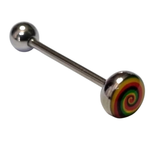 Een regenboogkleurige halterstang met een zilveren bal