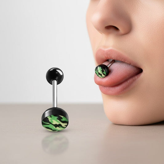 Aramat Jewels camouflage print tongue piercing with black acrylic balls and a steel bar.
