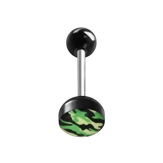 Aramat Jewels green camouflage print tongue barbell with black acrylic balls, made of surgical steel.