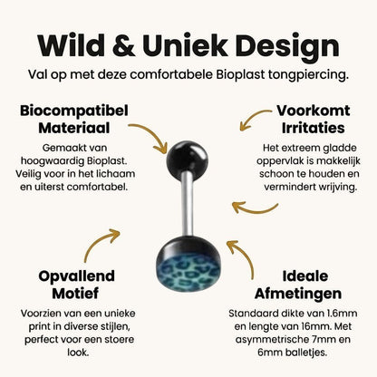 Een set van zes zwarte en blauwe nep-tongringen met luipaardprint