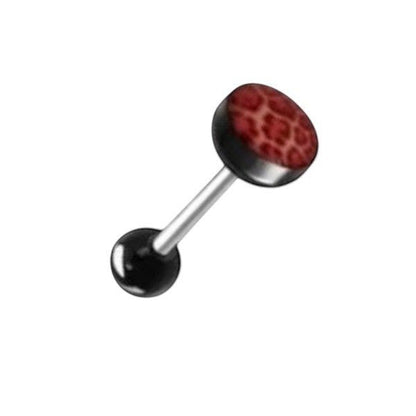 Aramat Jewels steel and acrylic tongue piercing with black balls and a red leopard print design on the bottom ball.