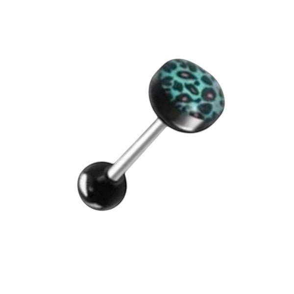 Aramat Jewels steel tongue piercing with black balls and a teal leopard print acrylic bottom ball.