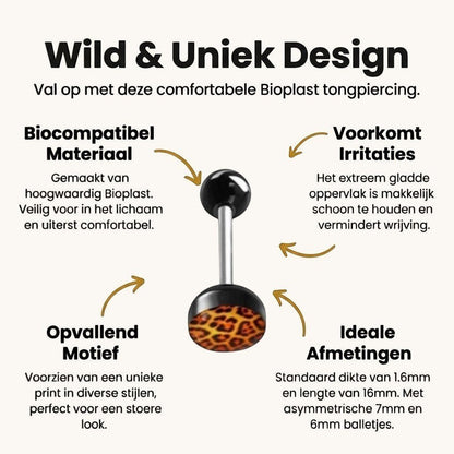 Een paar zwarte en oranje nep-tongringen met luipaardprint
