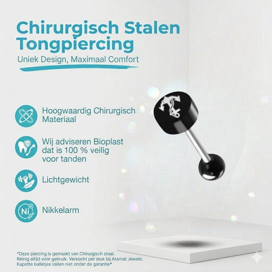 Aramat Jewels black and silver steel tongue piercing with an anchor motif. Features a black acrylic bottom ball and a black top ball.