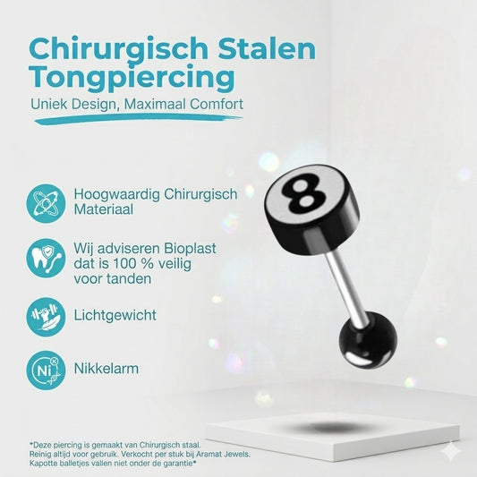 Aramat Jewels silver steel tongue piercing with black acrylic ball featuring an 8-ball design.