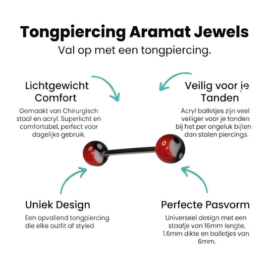 Aramat Jewels steel tongue piercing with acrylic yin yang balls in red, white, and black.