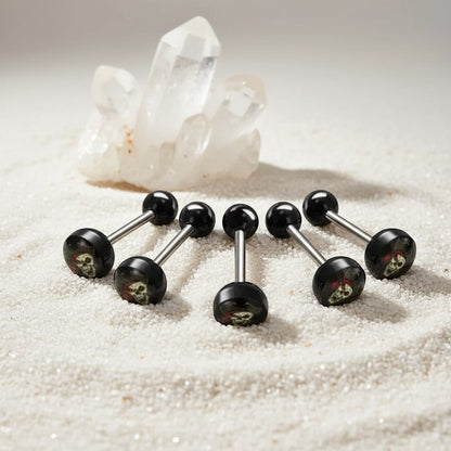 Aramat Jewels surgical steel tongue piercing with black acrylic skull logo design. 16mm length, 1.6mm gauge.