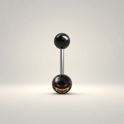 Aramat Jewels black acrylic tongue piercing with a scary face logo, made of surgical steel.