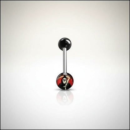 Aramat Jewels surgical steel tongue piercing with black acrylic balls and a grim reaper logo design.