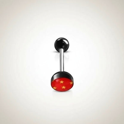 Aramat Jewels surgical steel tongue piercing with black acrylic balls and a red acrylic logo featuring yellow stars.