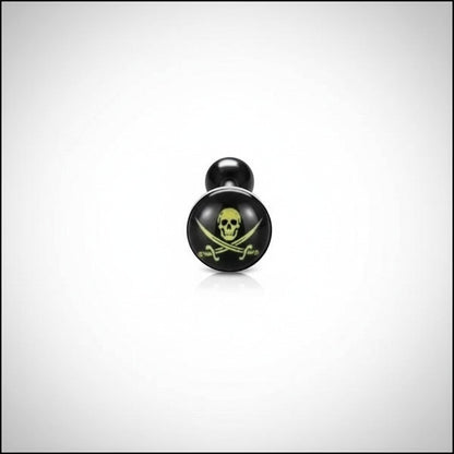 Aramat Jewels surgical steel tongue piercing with black acrylic logo featuring a pirate skull and crossbones design.