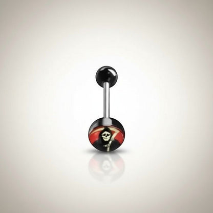 Aramat Jewels surgical steel tongue piercing with black acrylic balls and a grim reaper logo design.