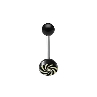 Aramat Jewels surgical steel tongue piercing with black and white swirl acrylic logo. 16mm length, 1.6mm gauge.
