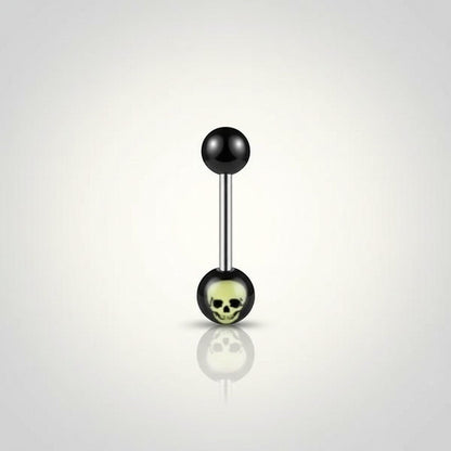Aramat Jewels surgical steel tongue piercing with black acrylic skull logo and black balls.