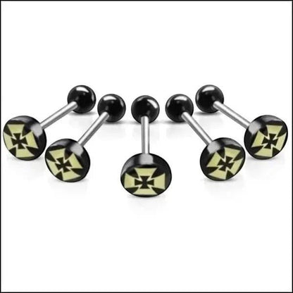 Aramat Jewels surgical steel tongue piercing with black acrylic balls and a black and yellow cross logo design.