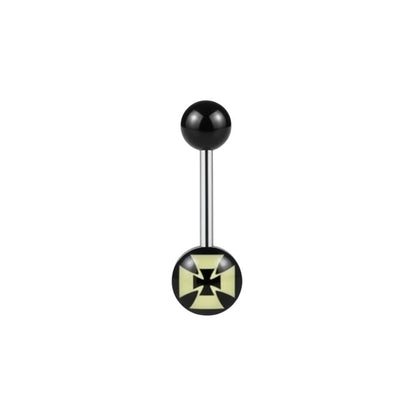 Aramat Jewels surgical steel tongue piercing with black acrylic balls and a black and yellow cross logo.