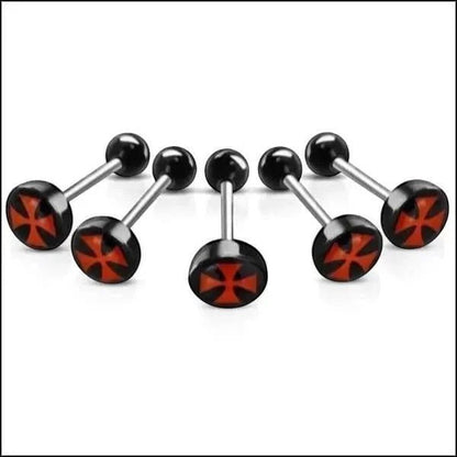 Aramat Jewels surgical steel tongue piercing with black acrylic logo featuring a red cross design. 16mm length, 1.6mm gauge.