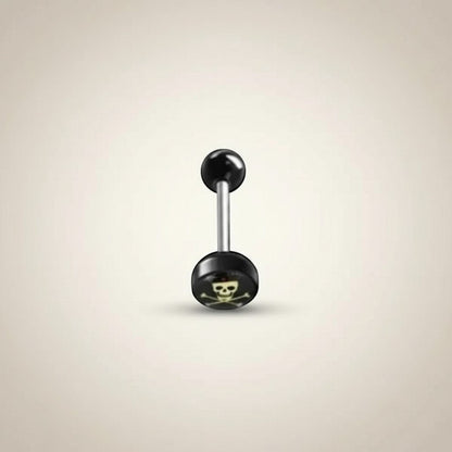 Aramat Jewels surgical steel tongue piercing with black acrylic skull and crossbones logo. 16mm length, 1.6mm gauge.