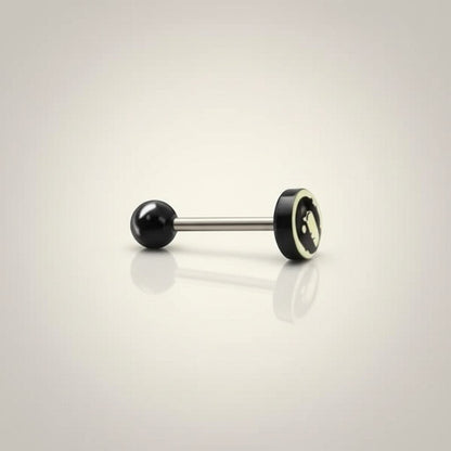 Aramat Jewels surgical steel tongue piercing with black acrylic logo and black ball ends. 16mm length, 1.6mm gauge.