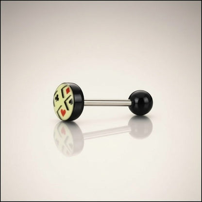 Aramat Jewels surgical steel tongue piercing with a black ball and a round acrylic logo featuring playing card suits.