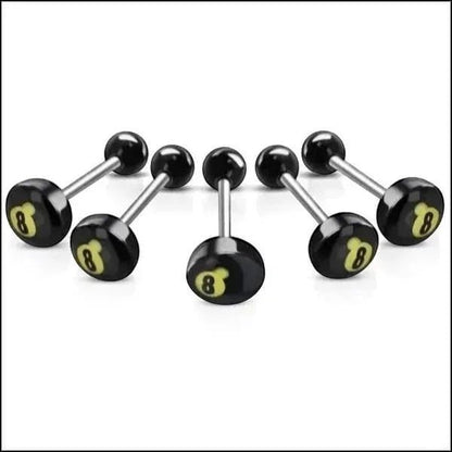 Aramat Jewels black acrylic tongue piercing with a yellow number 8 logo on a white background.