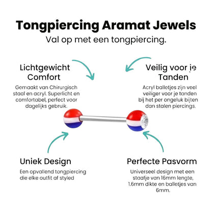 Aramat Jewels steel tongue piercing with red, white, and blue striped acrylic balls and a clear crystal.