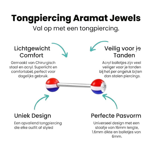 Aramat Jewels steel tongue piercing with red, white, and blue striped acrylic balls and a clear crystal.