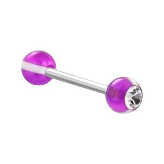 Een set paarse glazen bollen met zilveren bollen