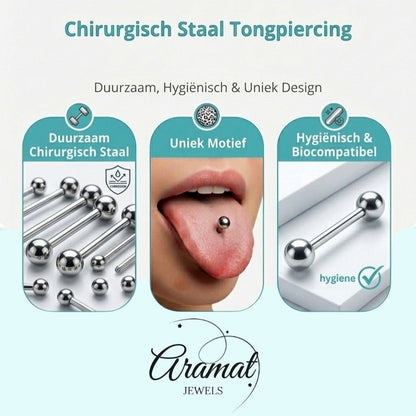Aramat Jewels surgical steel tongue piercing with eye logo, 16mm bar, 1.6mm gauge, available in black, red, white, and blue.
