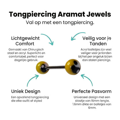 Aramat Jewels steel tongue piercing with yellow acrylic balls featuring a black and white yin yang design.