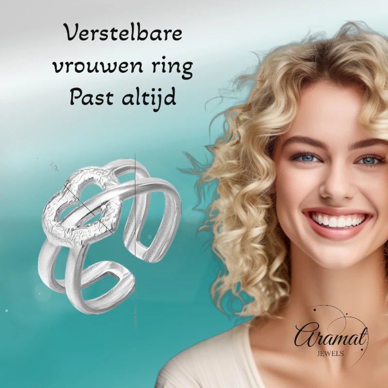 Stalen Verstelbare Open Ring - Bewerkt Hartje - One Size - ring259 - 80115 - Ringen kopen