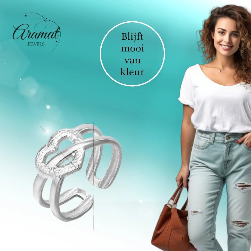 Stalen Verstelbare Open Ring - Bewerkt Hartje - One Size - ring259 - 80115 - Ringen kopen