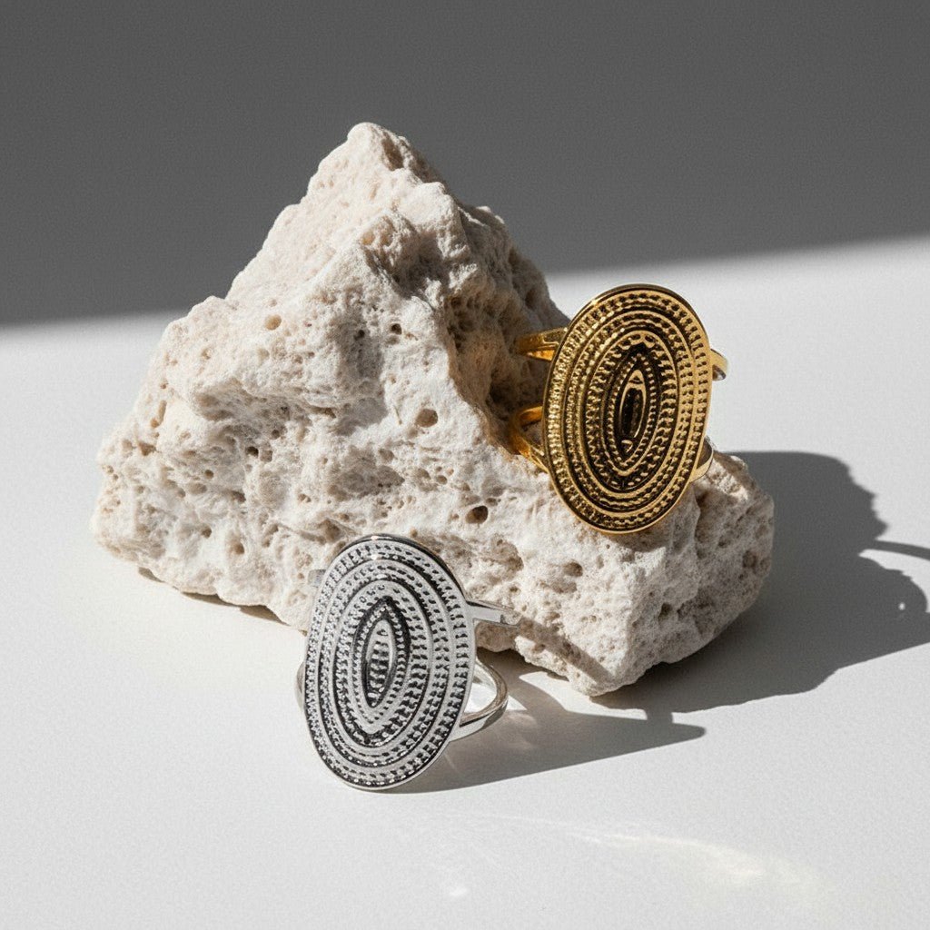 Stalen Verstelbare Open Ring - Bewerkte Ovaal 24mm - One Size - Aramat Jewels - Ringen - cadeautip