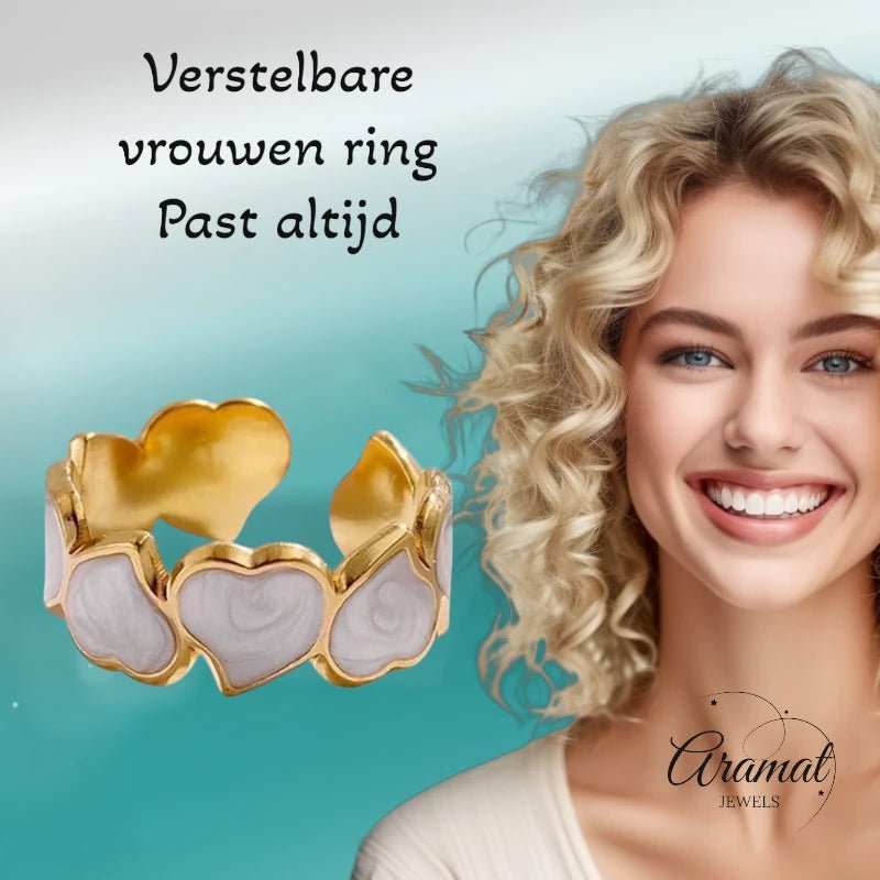 Stalen Verstelbare Open Ring - Hartjes & Parelmoer - One Size - ring285 - 73920 - Ringen kopen