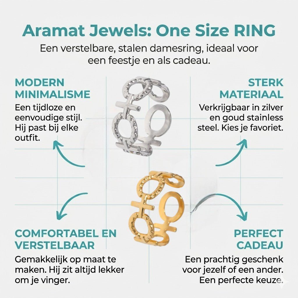 Stalen Verstelbare Open Ring - Schakel Motief & Dots - One Size - Aramat Jewels - Ringen - cadeautip