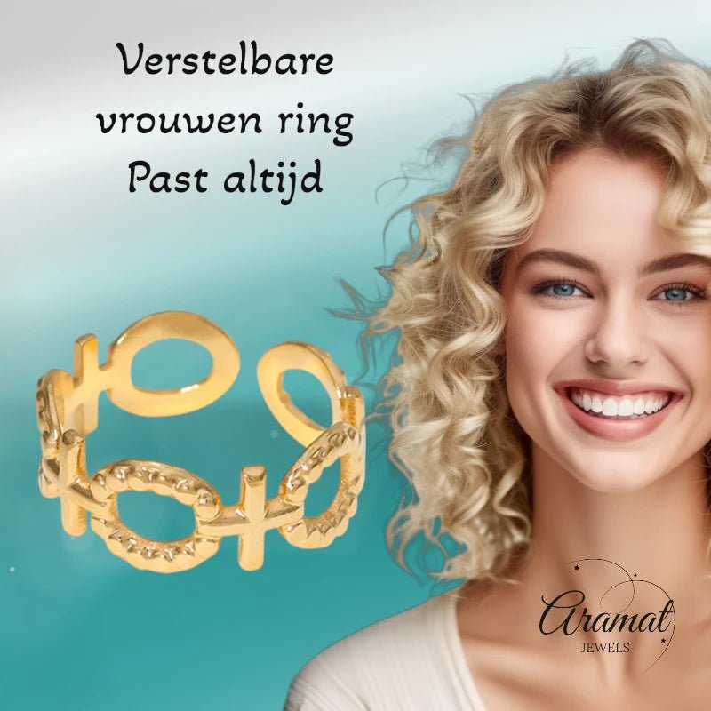 Stalen Verstelbare Open Ring - Schakel Motief & Dots - One Size - ring274 - 161594 - Ringen kopen