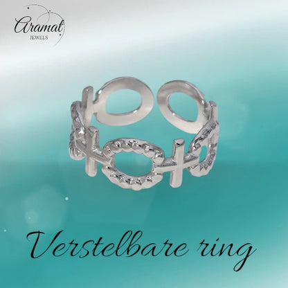 Stalen Verstelbare Open Ring - Schakel Motief & Dots - One Size - ring274 - 161594 - Ringen kopen