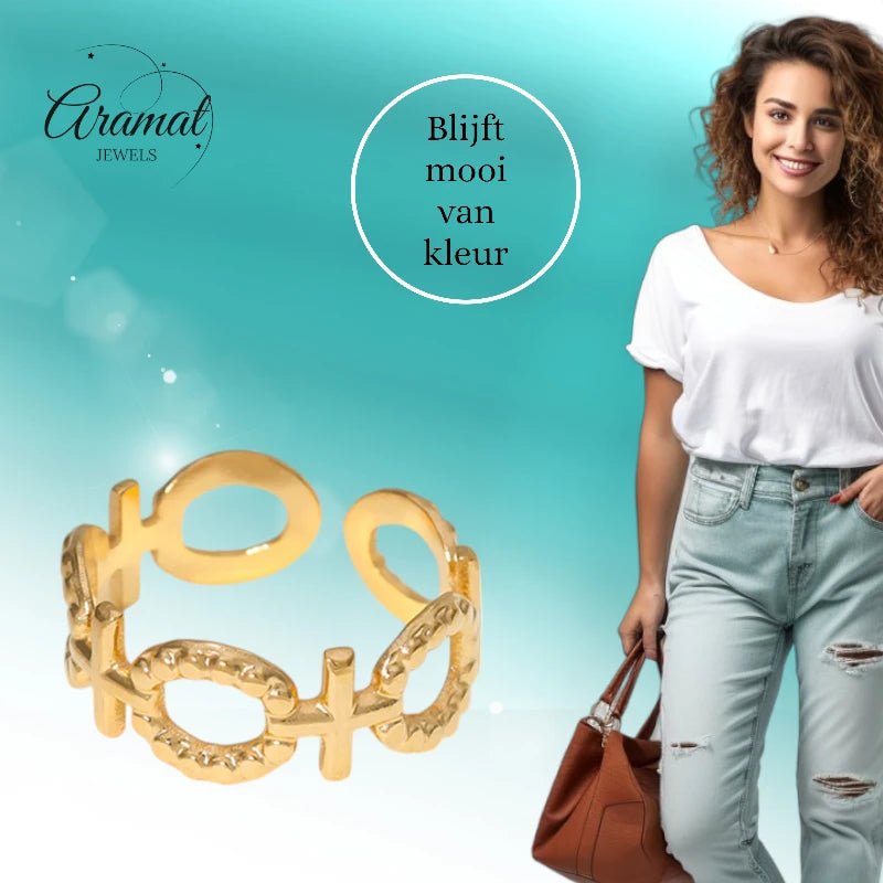 Stalen Verstelbare Open Ring - Schakel Motief & Dots - One Size - ring274 - 161594 - Ringen kopen