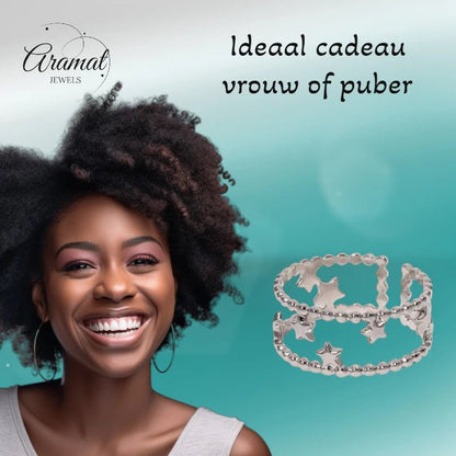 Stalen Verstelbare Open Ring - Sterretjes & Dots - One Size - ring277 - 161335 - Ringen kopen