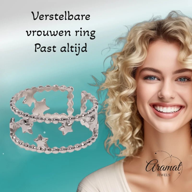 Stalen Verstelbare Open Ring - Sterretjes & Dots - One Size - ring277 - 161335 - Ringen kopen