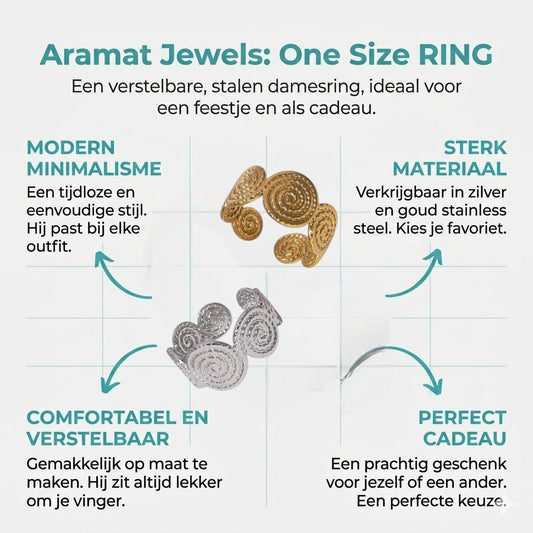 Stalen Verstelbare Ring - Gedraaide Cirkels - One Size - Aramat Jewels - Ringen - cadeautip