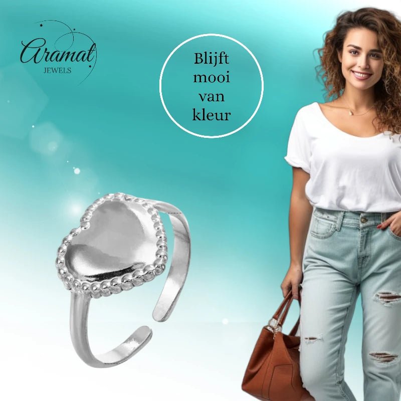 Stalen verstelbare ring - hart met bolletjes rand - ring236 - tm - ZN034 - Ringen kopen# - Zilverkleur - alles - cadeau