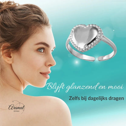 Stalen verstelbare ring - hart met bolletjes rand - ring236 - tm - ZN034 - Ringen kopen# - Zilverkleur - alles - cadeau