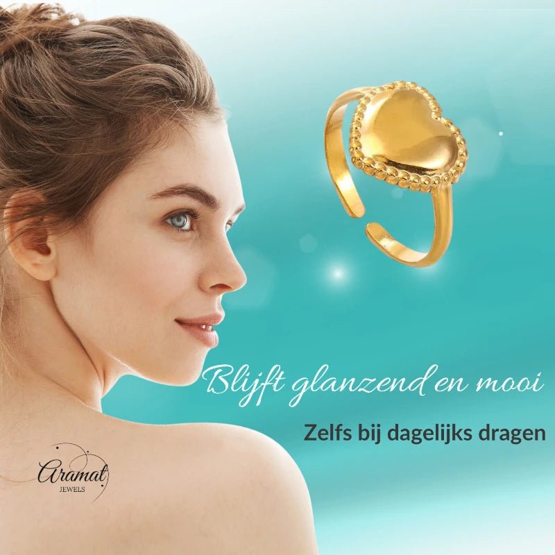 Stalen verstelbare ring - hart met bolletjes rand - ring236 - tm - ZN034 - Ringen kopen# - Zilverkleur - alles - cadeau