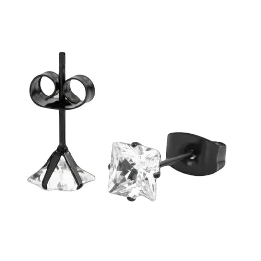 Boucles d'oreilles – Acier inoxydable noir avec zircon carré (5 mm)